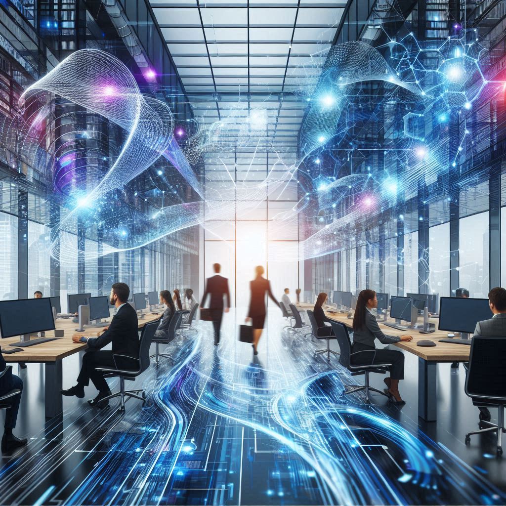Escena que ilustra la transformación digital en una oficina, con flujos de datos y tecnología.