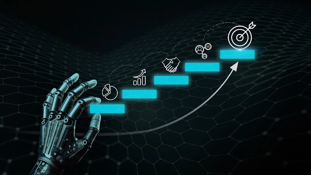 Mano robótica apunta a una escalera de crecimiento con íconos empresariales. El impacto de la IA en las empresas