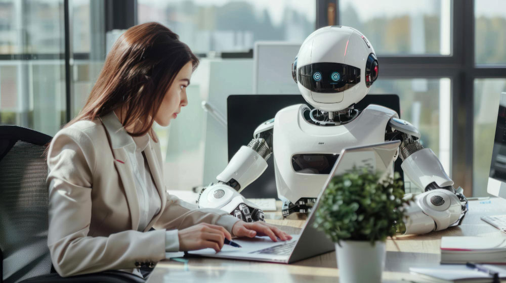 Contadora trabajando junto a un robot en una oficina moderna 