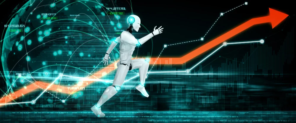 Robot corriendo con gráficos y resultados de fondo representando cómo la IA es importante en la innovación empresarial