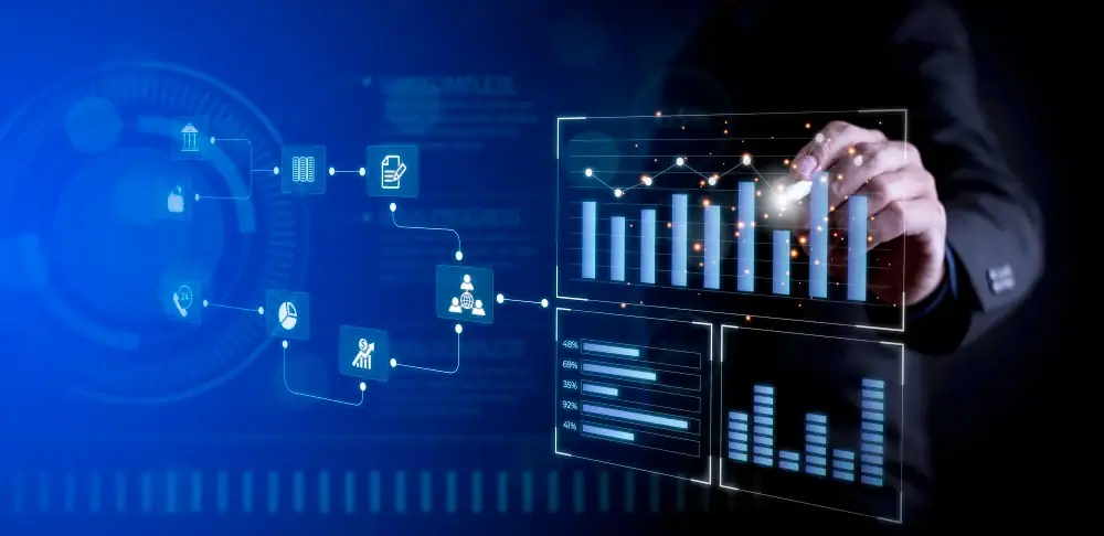 Mano señalando gráfico de barras de ROI con automatización contable