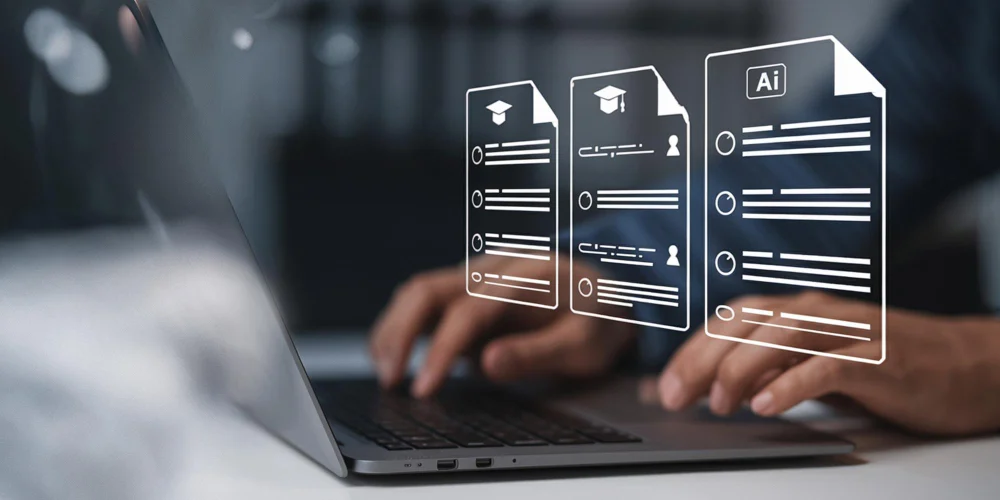 Persona consultando datos en una tablet con superposiciones digitales que evocan IA aplicada al procesamiento de documentos
