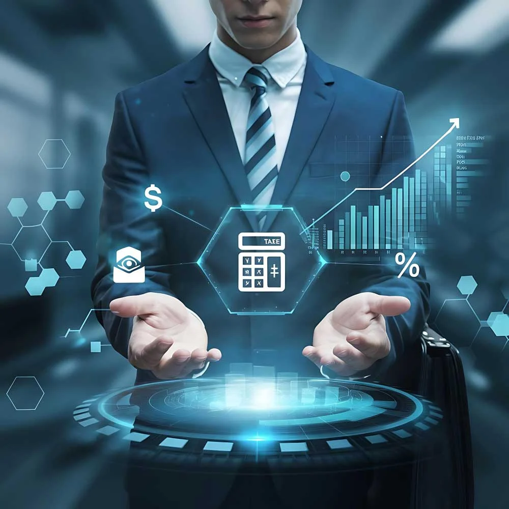 Automatización contable con IA: interfaz digital con iconos de calculadora, gráfico financiero y símbolo de dólar