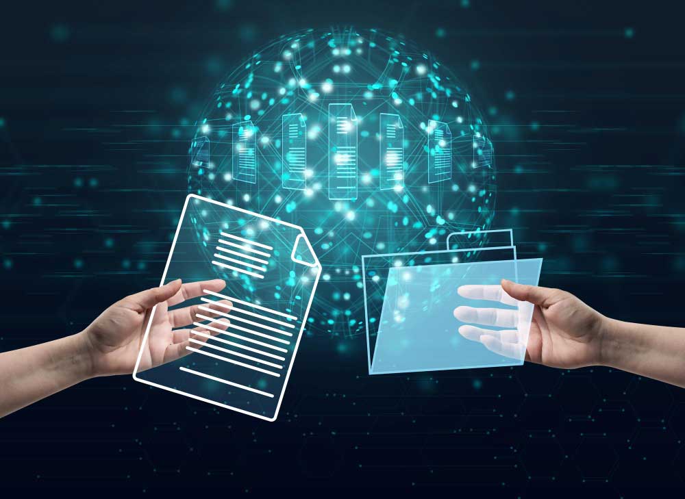 Procesamiento inteligente de documentos contables con IA: flujo de facturas y datos en red