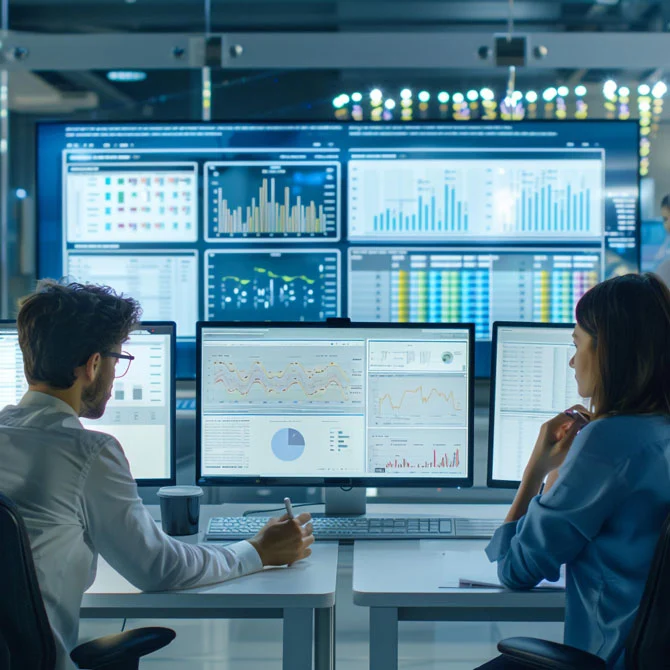 Profesionales revisando paneles de IA en pantallas para impulsar la gestión empresarial
