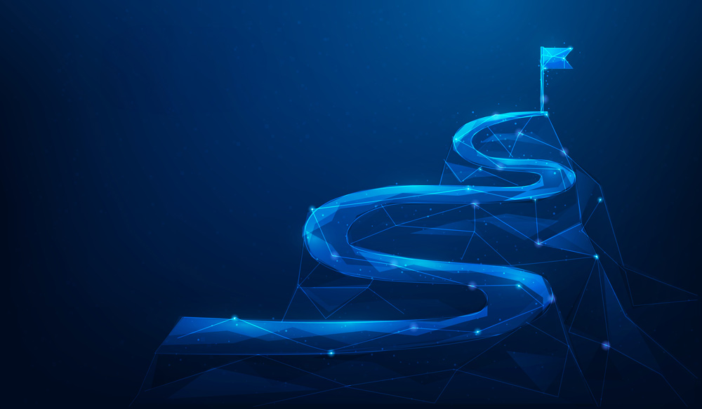 Camino estilizado hacia una bandera que representa la eficiencia mediante transformación digital y reforma laboral