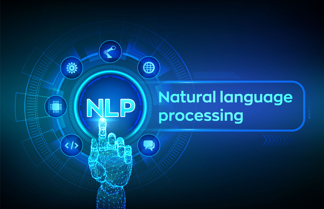 Interfaz digital con iconos de NLP y mano robótica señalando Procesamiento Natural de Datos