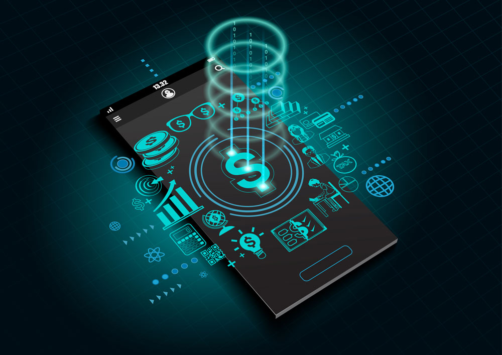 ilustración de app móvil con iconos financieros emergentes