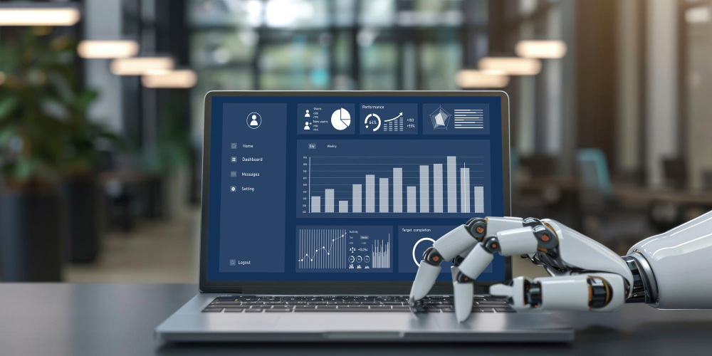 Mano robótica interactuando con gráficos de rendimiento en un portátil