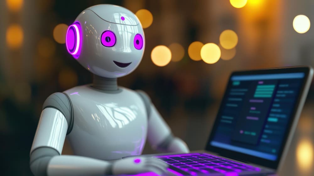 Robot caricaturesco junto a una laptop ilustrando un bot digital ejecutando tareas repetitivas