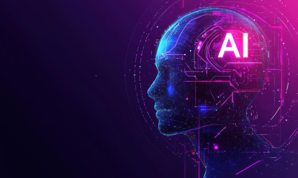 Perfil de cabeza digital con circuitos y el rótulo “AI” que representa la inteligencia artificial