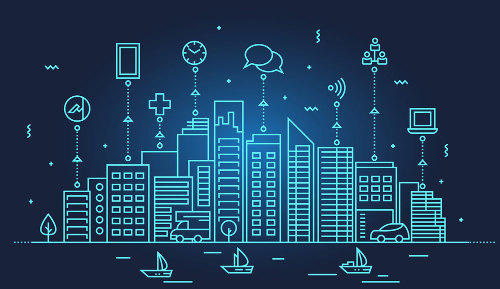 skyline con iconos de diversos sectores que muestran el impacto de Fintech