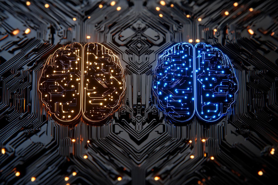 Visual de dos cerebros digitales que representan los tipos de inteligencia artificial