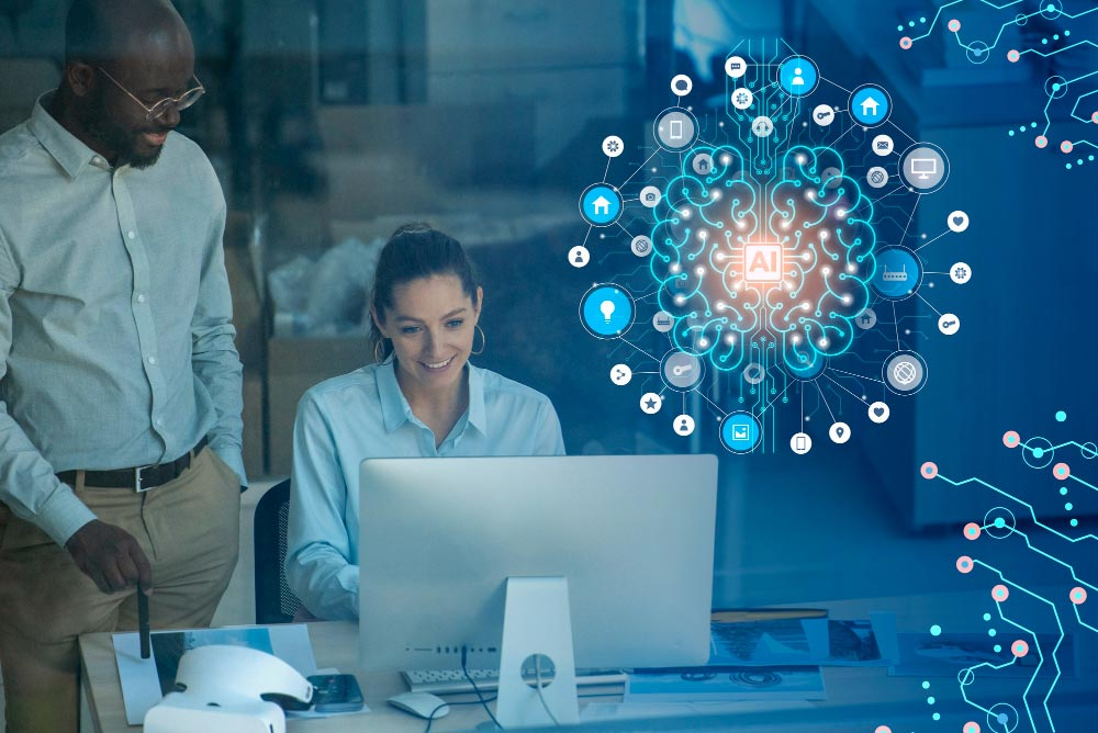 Equipo de oficina revisando un panel de IA corporativa en pantalla