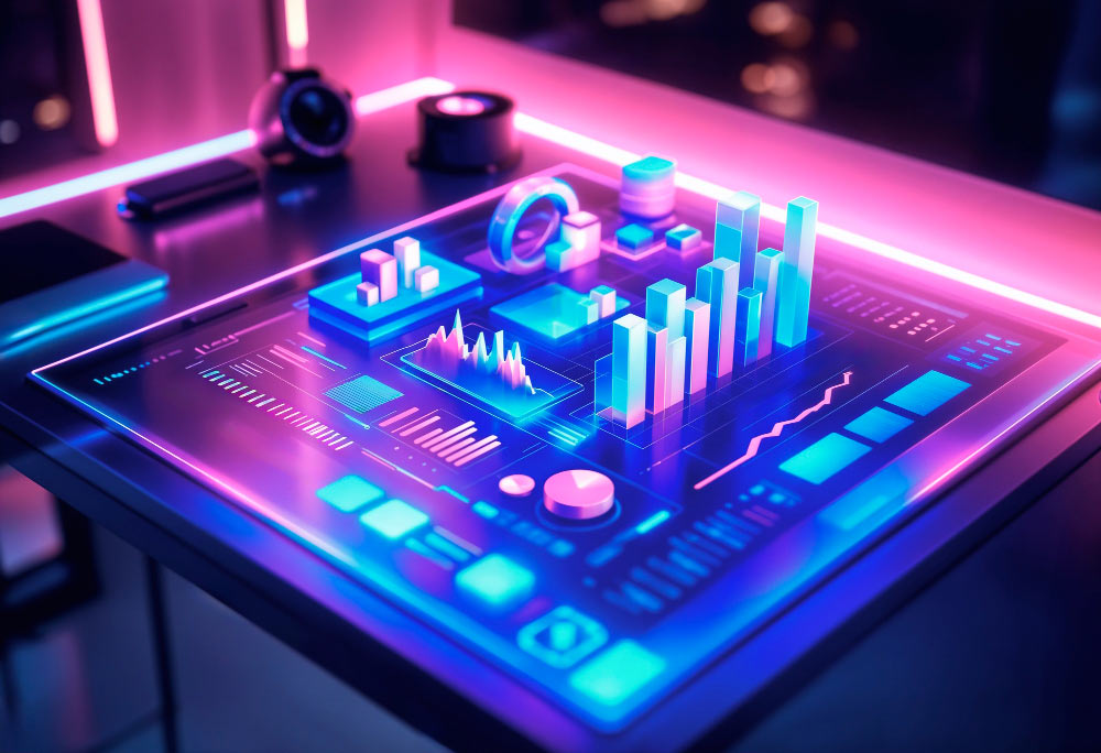Panel digital con gráficos y tablas 3D que simbolizan extracción y procesamiento inteligente de datos