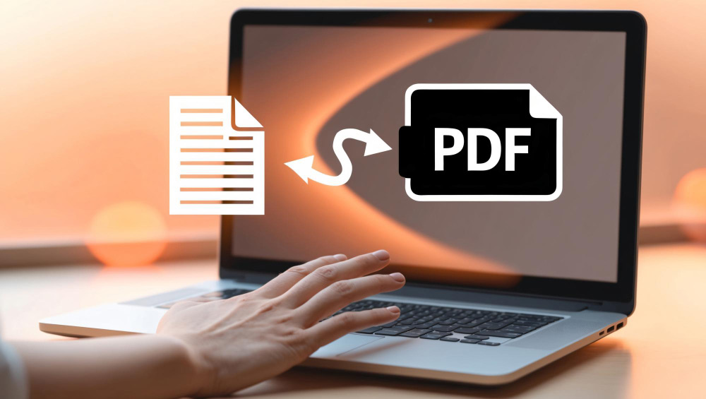 Portátil con icono de conversión a PDF; representación de digitalizar documentos