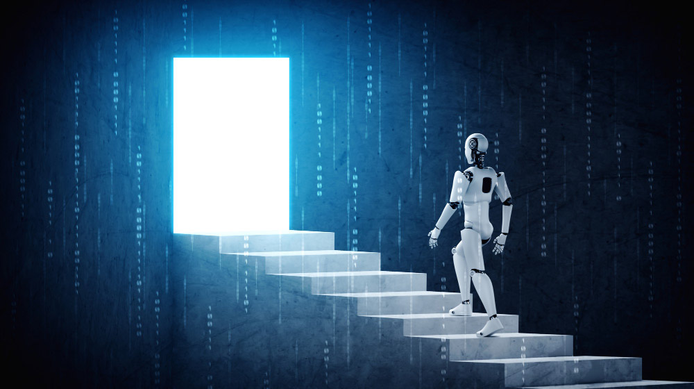Robot subiendo escaleras hacia un portal de luz, representando el avance de la inteligencia artificial.