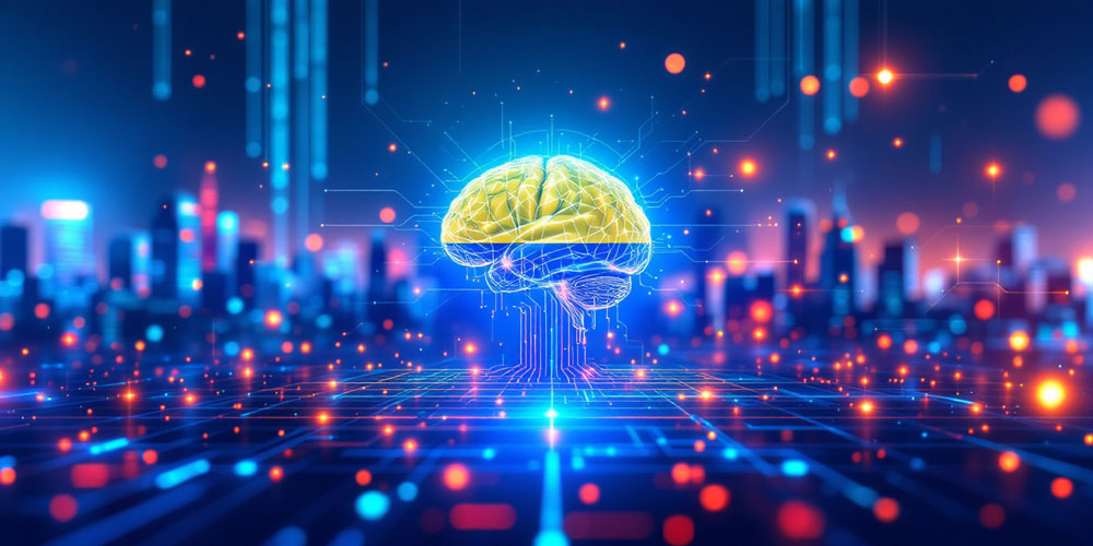 Cerebro con los colores de la bandera de Colombia en un entorno tecnológico