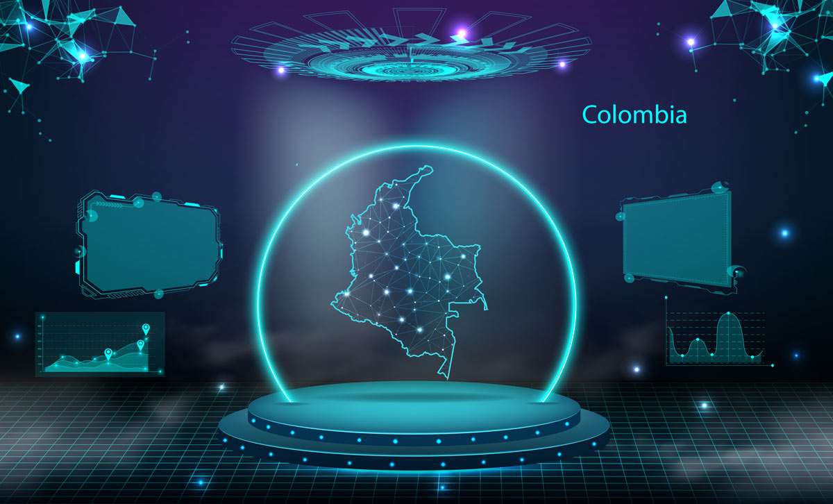 Holograma del mapa de Colombia en entorno futurista