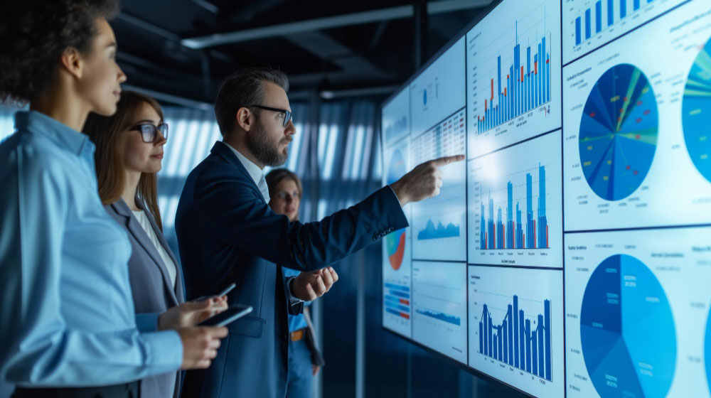 Equipo de trabajo analizando dashboards con métricas de negocio en pantallas digitales.