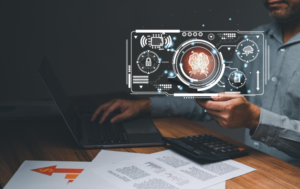 Empresario usando inteligencia artificial y análisis de datos para gestionar riesgos