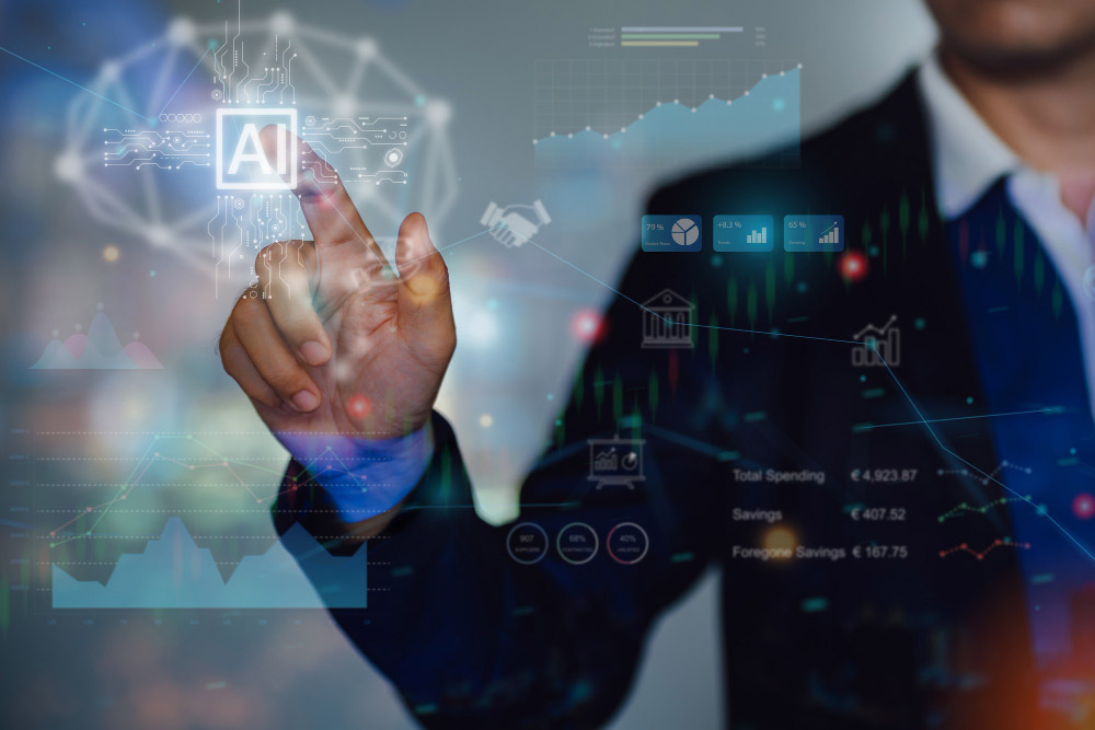 Profesional tocando paneles y gráficos digitales que muestran análisis predictivo y correlaciones con IA.