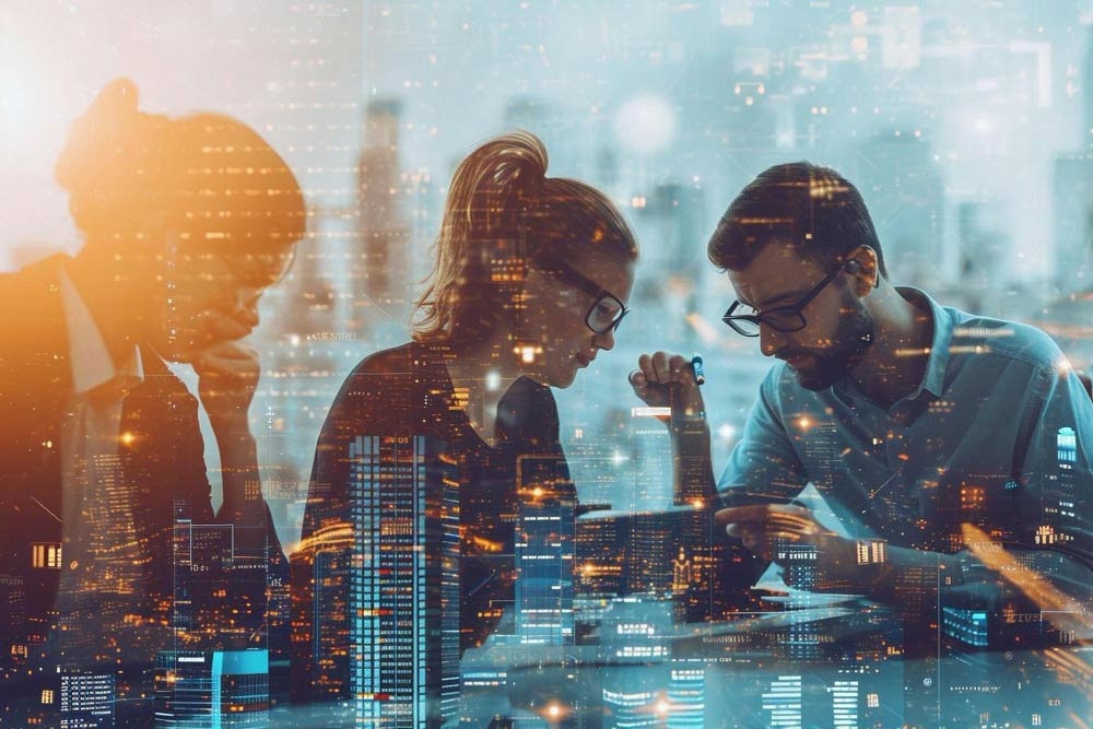 Equipo empresarial colaborando con tecnología digital para lograr escalabilidad competitiva.