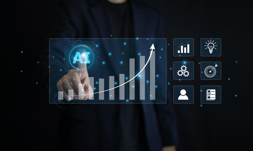 Inteligencia artificial impulsando la escalabilidad empresarial con gráficos de crecimiento.