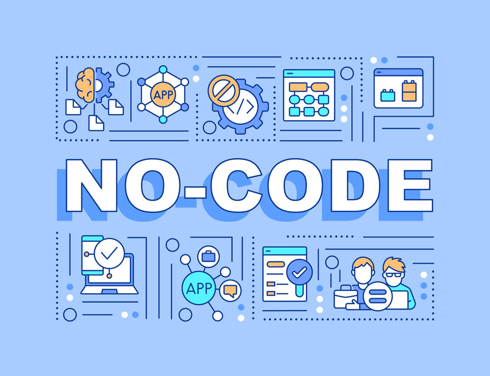 Ilustración conceptual de herramientas y aplicaciones con el texto “No Code”.