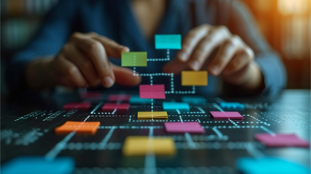 Diagrama digital de trazabilidad de procesos sobre un portátil en oficina moderna.