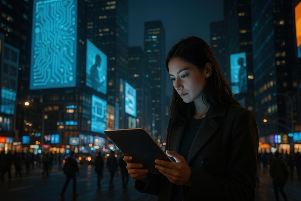 Mujer usando la inteligencia artificial como medio de información