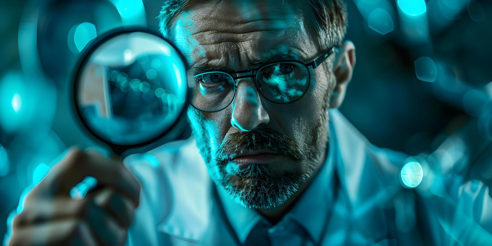 Investigador con lupa representando el análisis crítico de los sesgos algorítmicos en IA.
