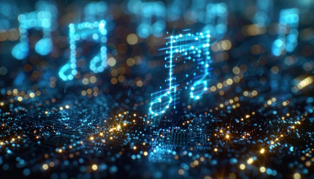 Notas musicales digitales sobre una placa de circuito, representando el rol de la inteligencia artificial en la música