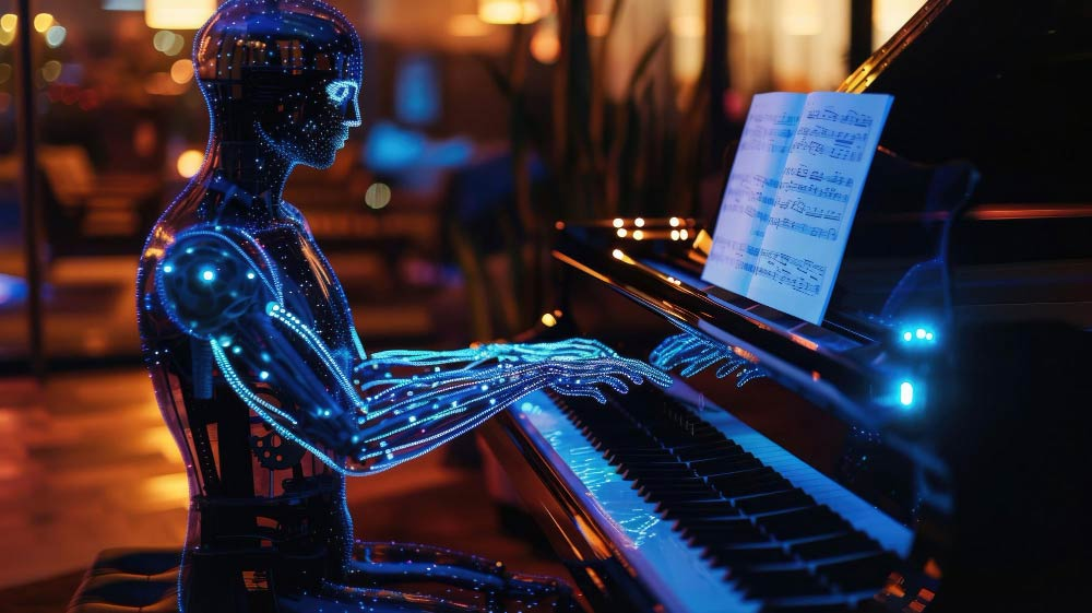 Robot tocando piano con luces azules, ilustrando la capacidad de la inteligencia artificial para componer y ejecutar música.