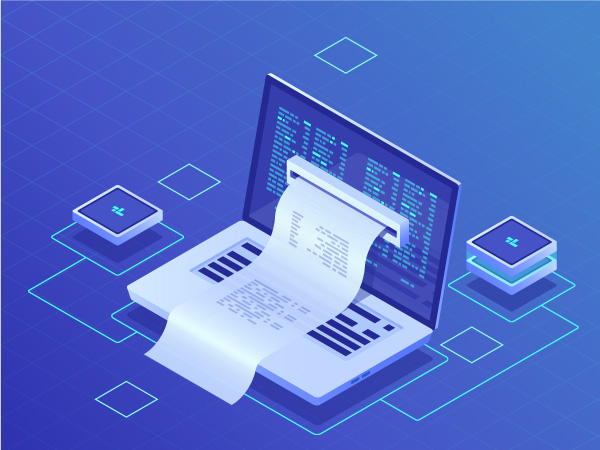 Ilustración de la facturación electrónica. Factura saliendo de una pantalla