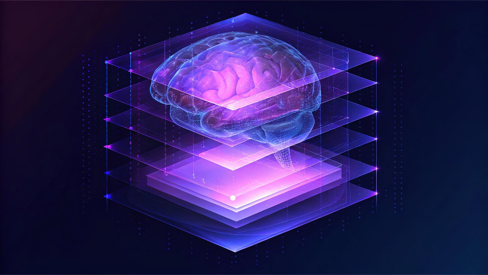 Las capas digitales de los AI Agents representadas por un cerebro 3D.