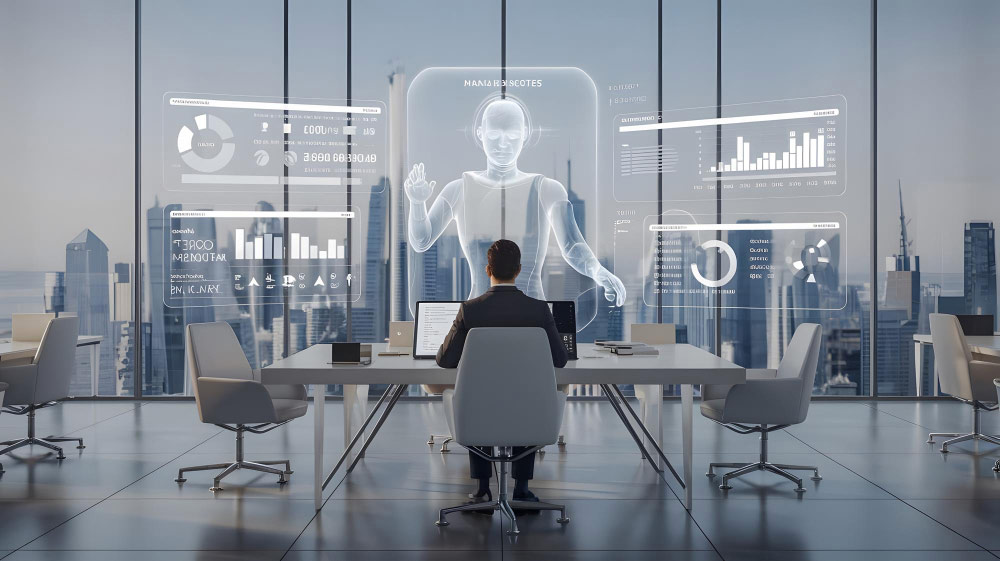 Empresario interactuando con AI Agents en oficina moderna.