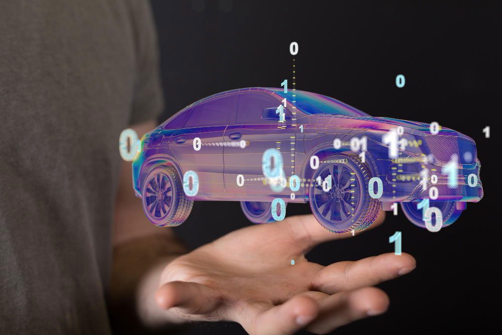 Modelo digital de vehículo con datos binarios representando análisis e interpretación de información por IA.