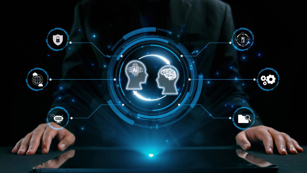Concepto de colaboración entre humanos y sistemas de inteligencia artificial con íconos tecnológicos.