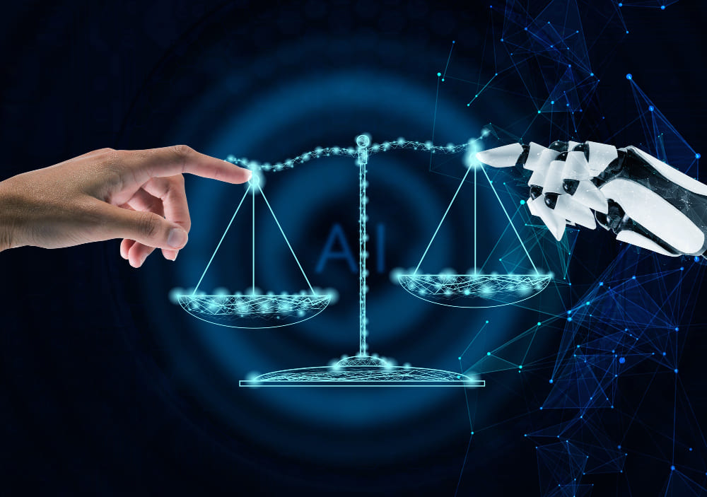 Mano humana y mano robótica equilibrando una balanza digital que simboliza el equilibrio entre la inteligencia artificial y la ética en salud mental.