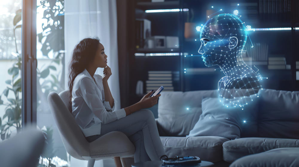 Mujer joven conversando con un asistente virtual de inteligencia artificial proyectado en forma de rostro digital, representando el uso terapéutico de la IA