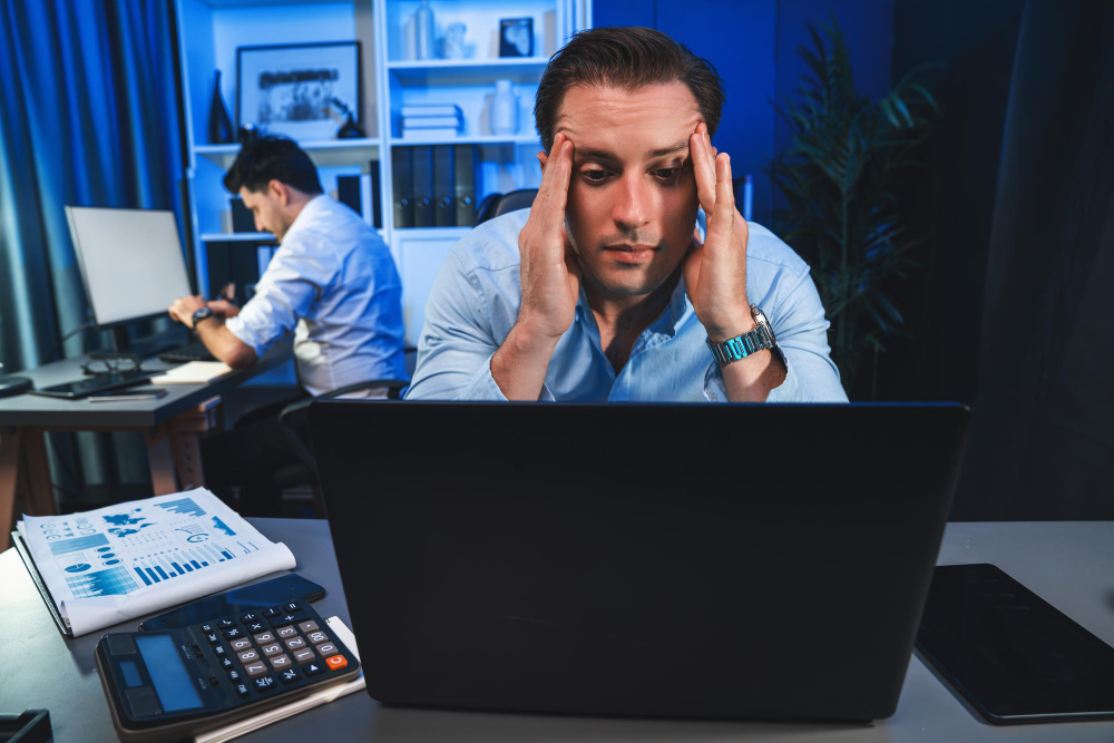 Empresario estresado por exceso de documentos en la recepción de facturas