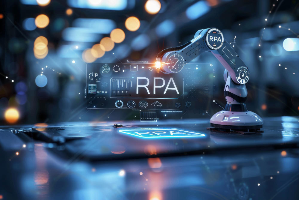 Automatización robótica de procesos (RPA) representada con un brazo robótico interactuando con interfaces digitales