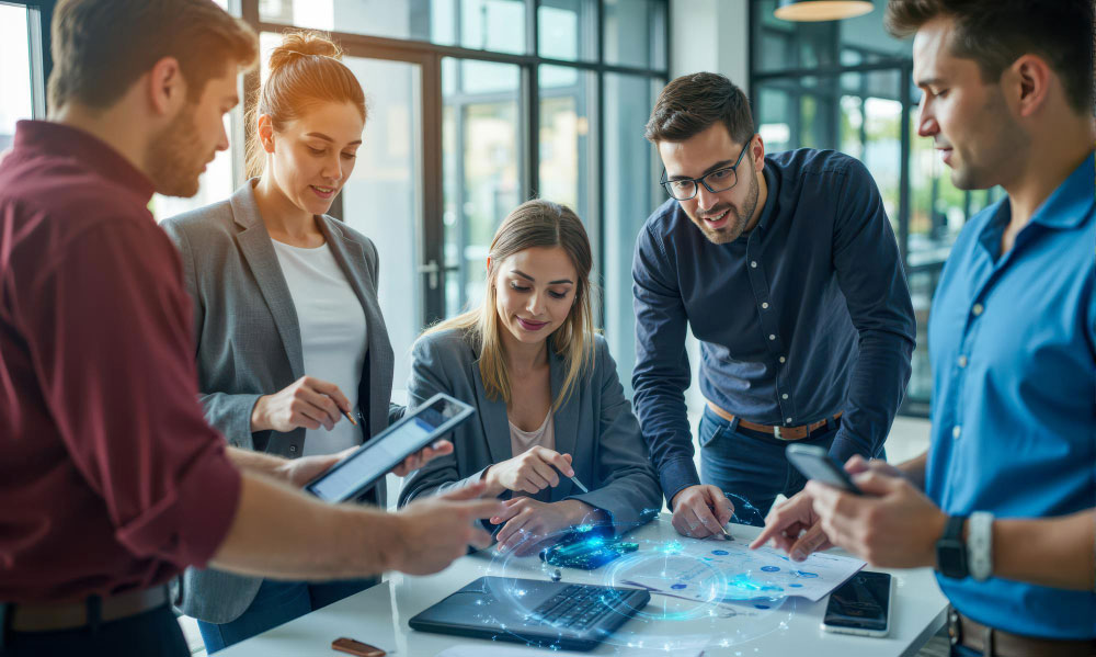 Líderes y miembros del equipo trabajando en conjunto para mejorar la agilidad operativa