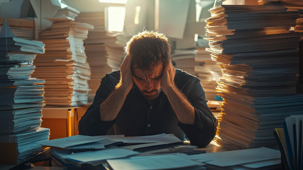 Empleado abrumado por exceso de documentos físicos, reflejo de baja agilidad operativa en la gestión empresarial