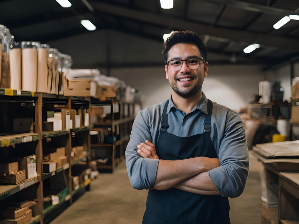 Representación de la innovación en pymes. Empresario posando frente a la cámara