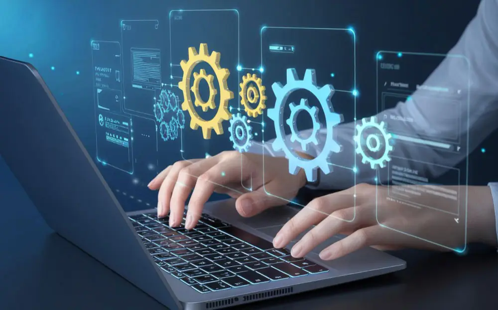 manos escribiendo en laptop con gráficos digitales y engranajes de automatización