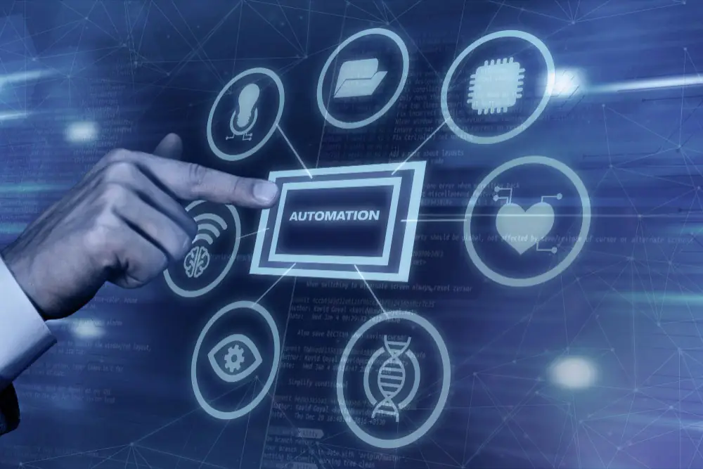 Botón de automatización rodeado de iconos que representan las diferentes industrias donde impacta la inteligencia artificial