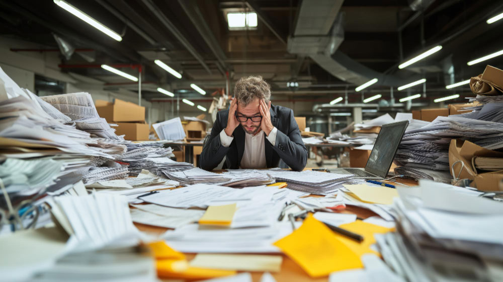 Contador público estresado por el volumen excesivo de trabajo respecto a la facturación y gestión contable