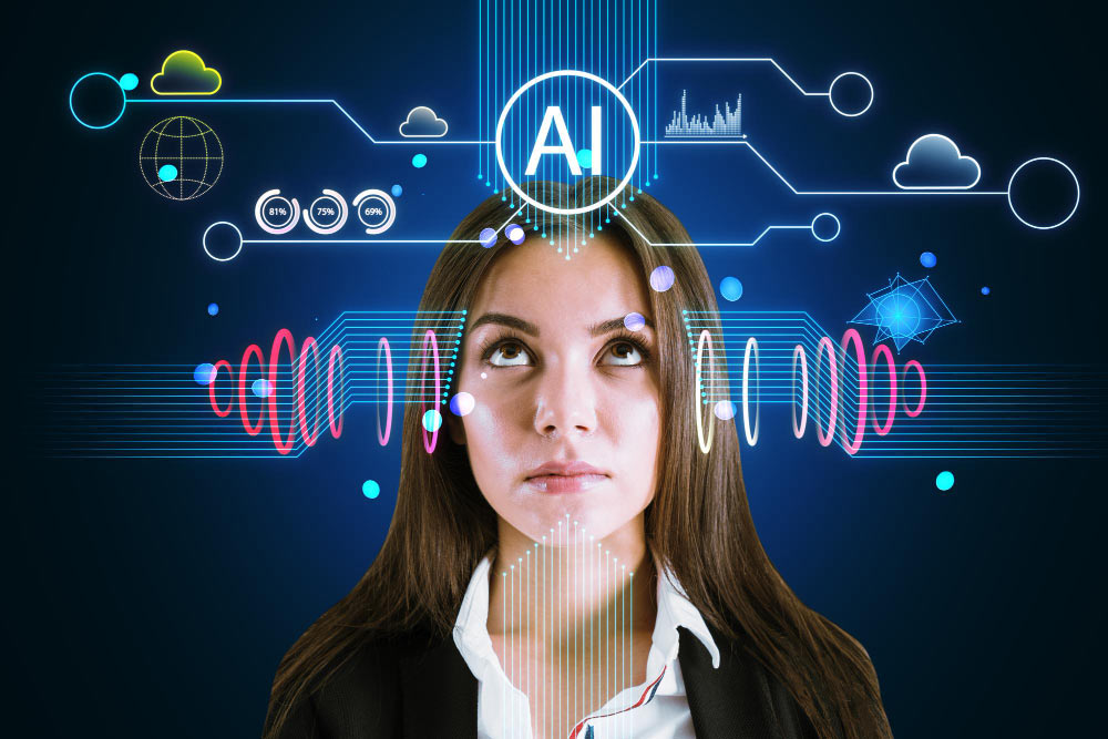 Mujer recibiendo información sesgada por parte de la inteligencia artificial - representación de lo planteado por Magnifica Humanitas